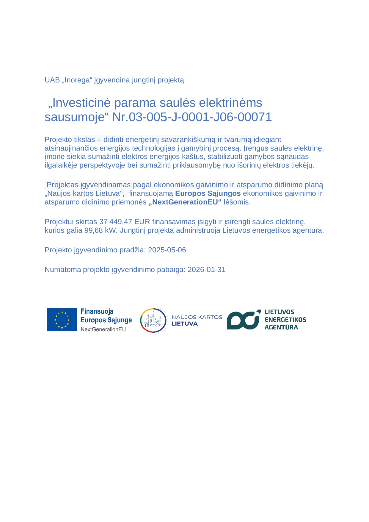 Inorega projekto pagrindinis puslapis